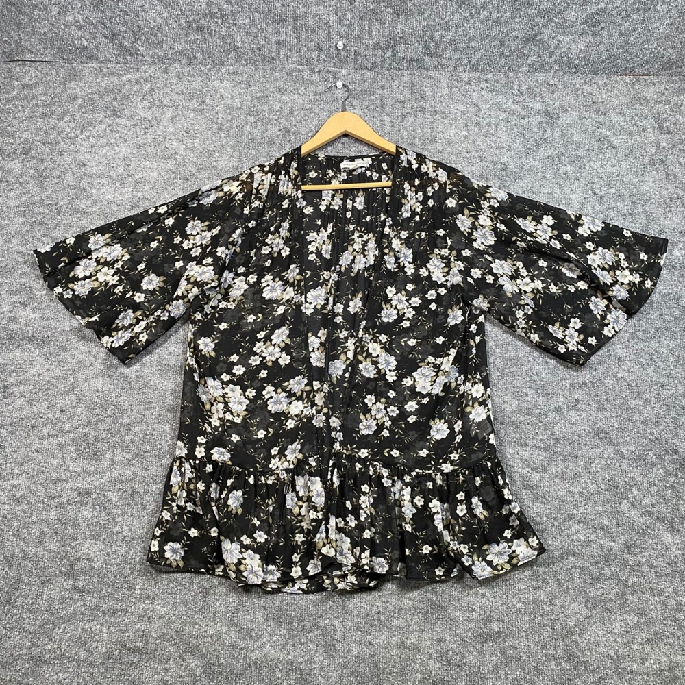 American Eagle Black Floral Kimono Cardigan Ruffle Hem Sheer Top Womens Medium‎